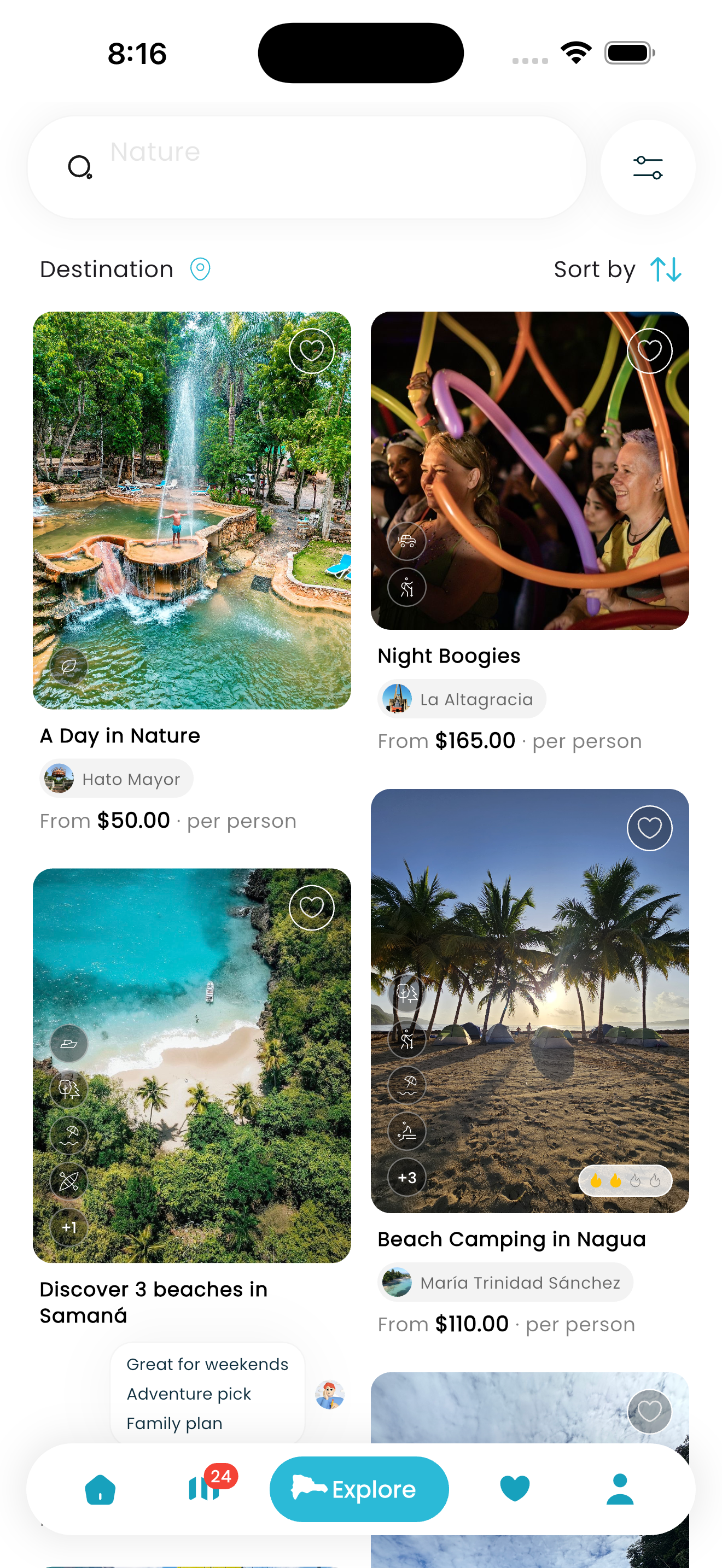 DominGo Experiences feed — bookable tours and activities across the Dominican Republic