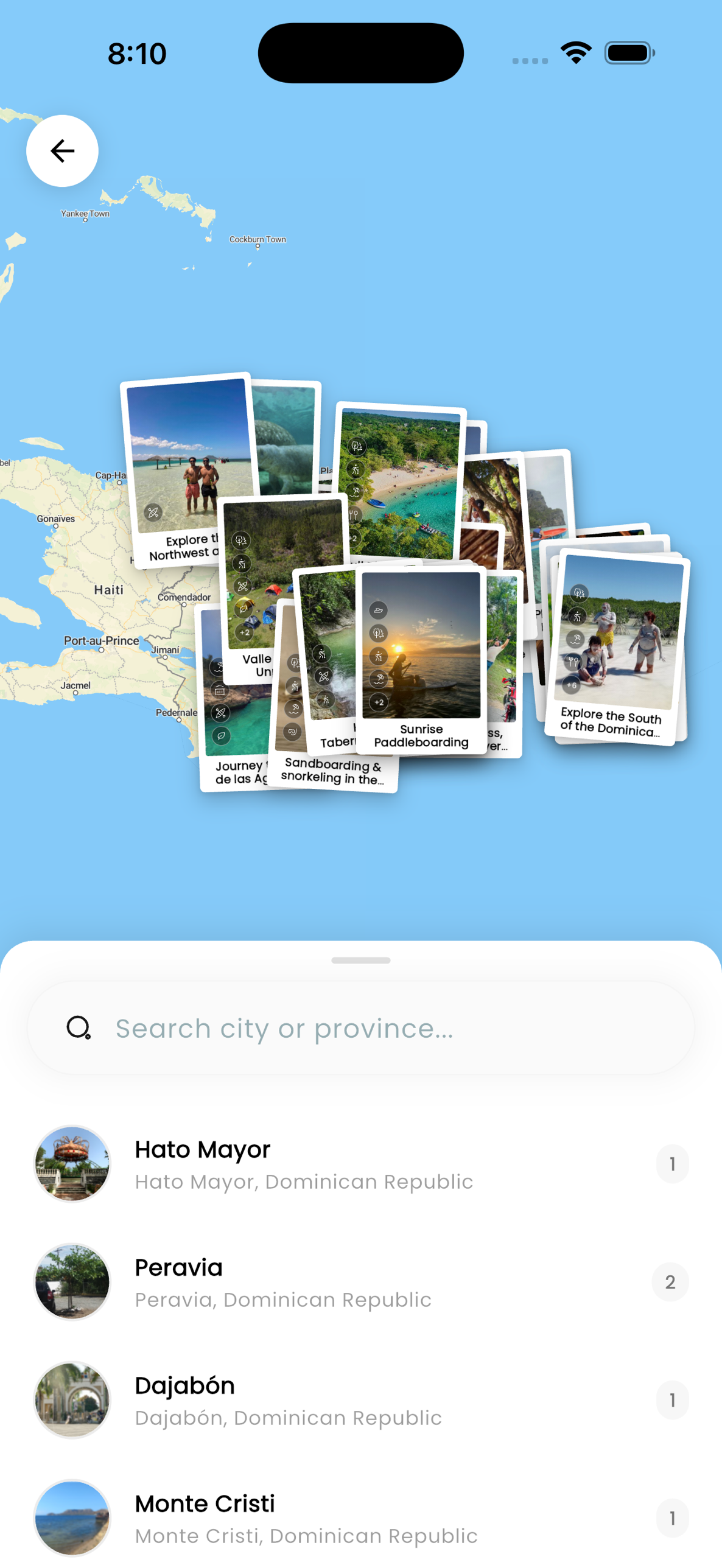 DominGo map exploration — destinations and stacked experience cards